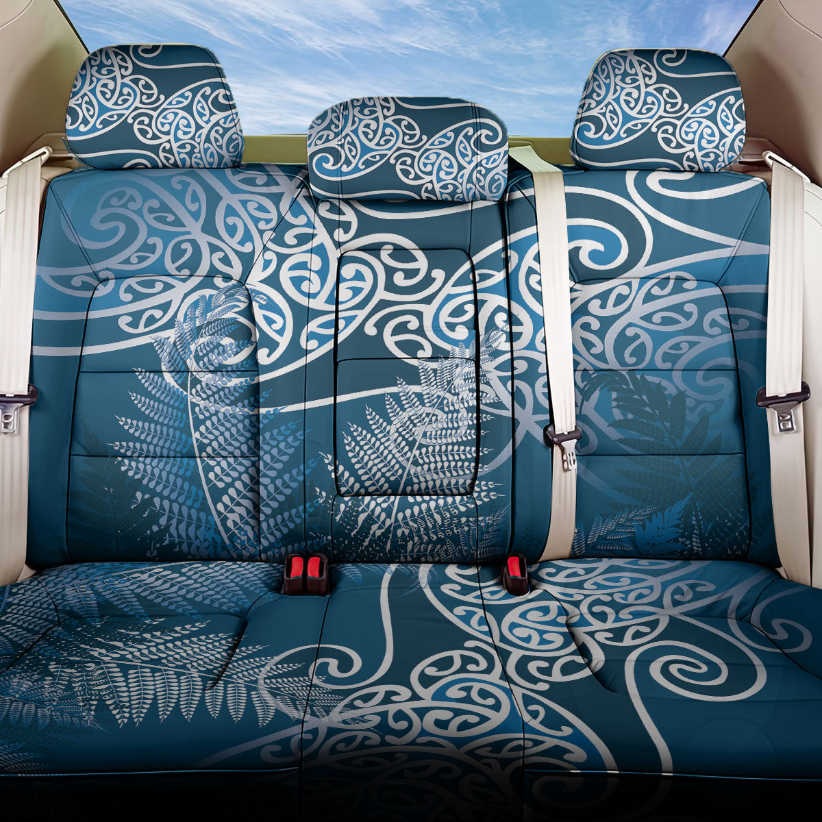 Aotearoa Maori Koru Curves Back Car Seat Cover Silver Ferns - Navy Blue LT7 One Size Navy Blue - Polynesian Pride
