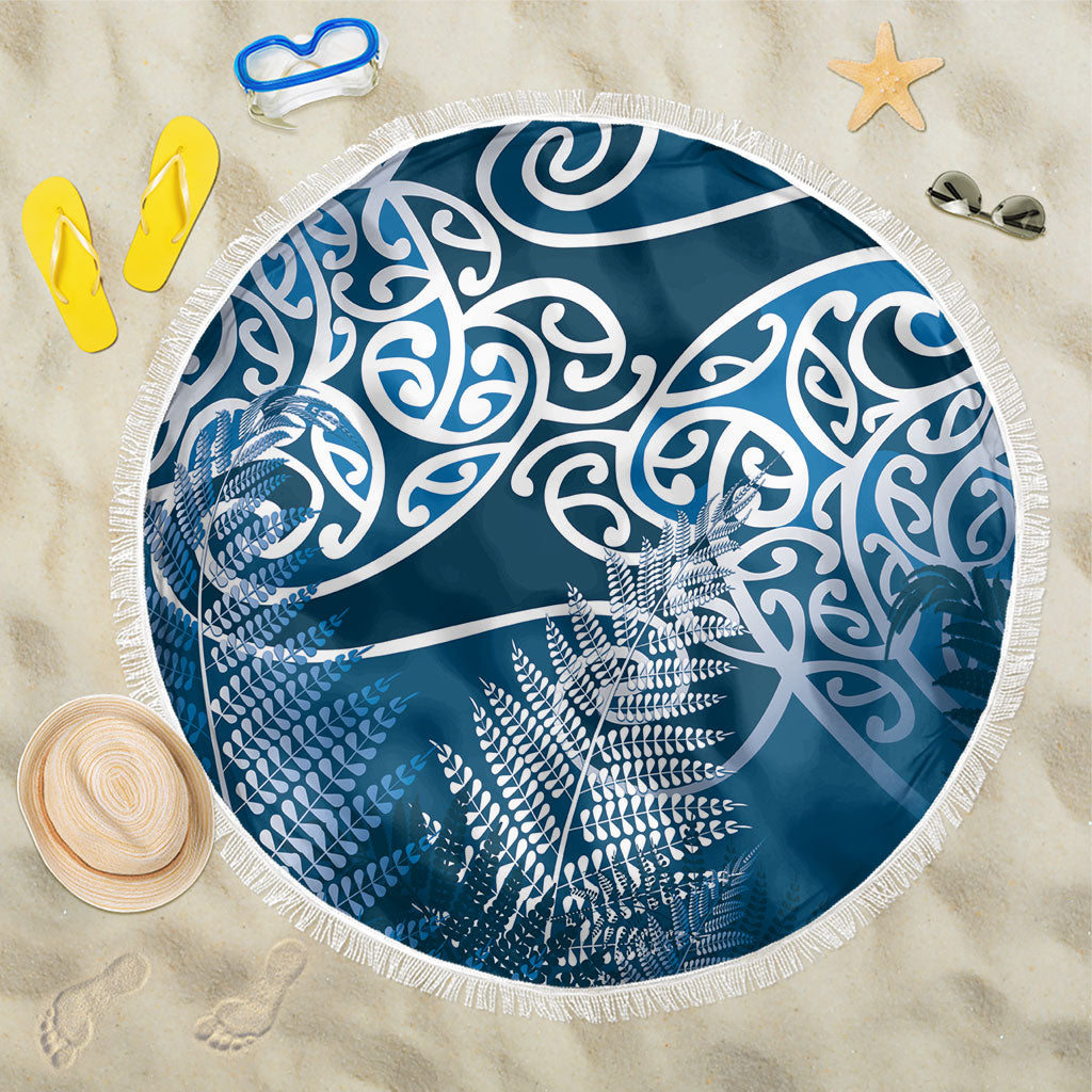 Aotearoa Maori Koru Curves Beach Blanket Silver Ferns - Navy Blue
