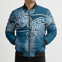 Aotearoa Maori Koru Curves Bomber Puffer Jacket Silver Ferns - Navy Blue