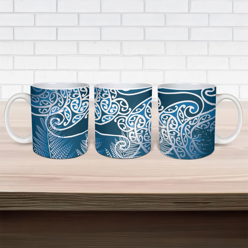 Aotearoa Maori Koru Curves Ceramic Mug Silver Ferns - Navy Blue