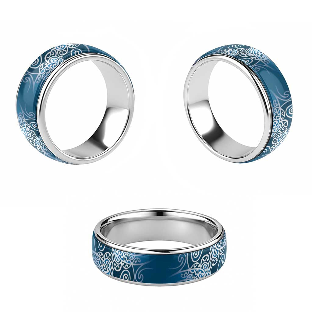 Aotearoa Maori Koru Curves Classic Ring Silver Ferns - Navy Blue LT7 - Polynesian Pride
