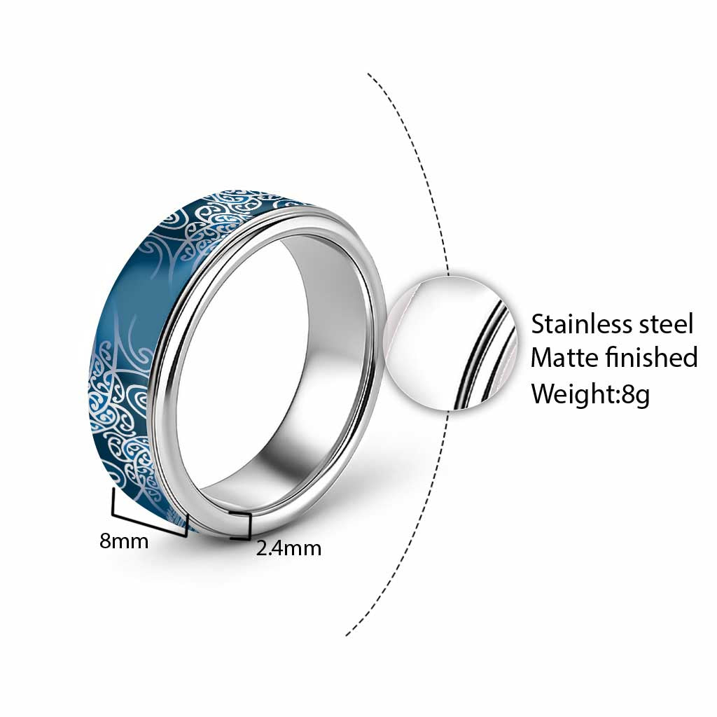 Aotearoa Maori Koru Curves Classic Ring Silver Ferns - Navy Blue LT7 - Polynesian Pride