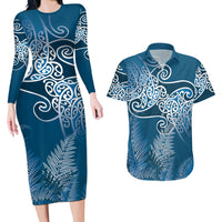 Aotearoa Maori Koru Curves Couples Matching Long Sleeve Bodycon Dress and Hawaiian Shirt Silver Ferns - Navy Blue