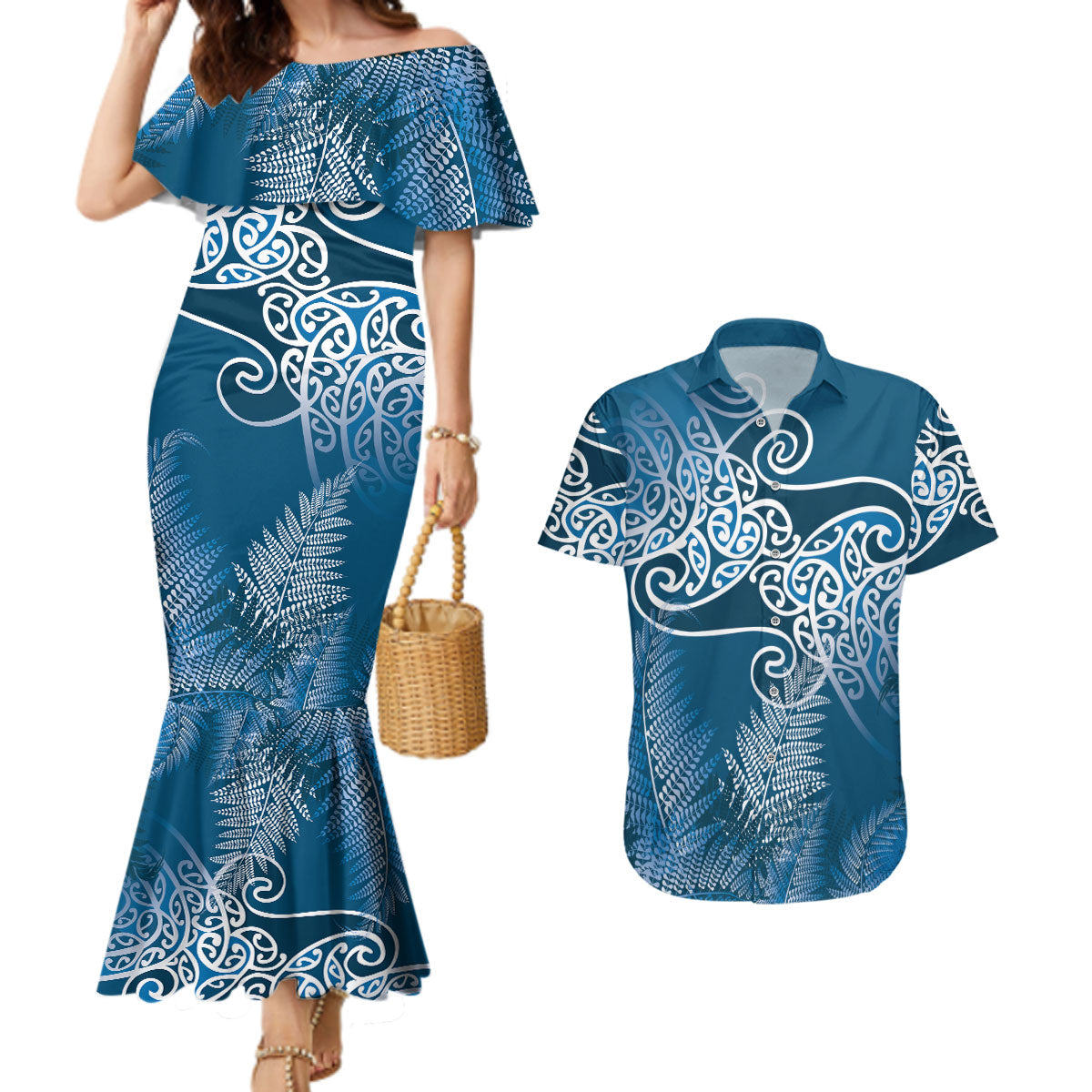 Aotearoa Maori Koru Curves Couples Matching Mermaid Dress and Hawaiian Shirt Silver Ferns - Navy Blue