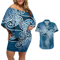 Aotearoa Maori Koru Curves Couples Matching Off Shoulder Short Dress and Hawaiian Shirt Silver Ferns - Navy Blue