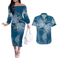 Aotearoa Maori Koru Curves Couples Matching Off The Shoulder Long Sleeve Dress and Hawaiian Shirt Silver Ferns - Navy Blue