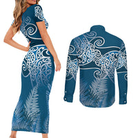 Aotearoa Maori Koru Curves Couples Matching Short Sleeve Bodycon Dress and Long Sleeve Button Shirt Silver Ferns - Navy Blue