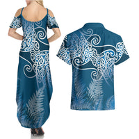 Aotearoa Maori Koru Curves Couples Matching Summer Maxi Dress and Hawaiian Shirt Silver Ferns - Navy Blue