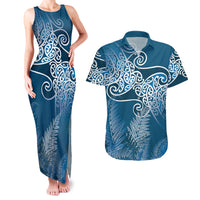 Aotearoa Maori Koru Curves Couples Matching Tank Maxi Dress and Hawaiian Shirt Silver Ferns - Navy Blue