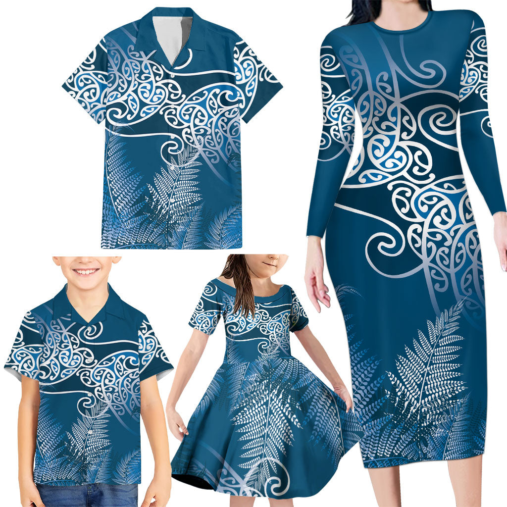 Aotearoa Maori Koru Curves Family Matching Long Sleeve Bodycon Dress and Hawaiian Shirt Silver Ferns - Navy Blue