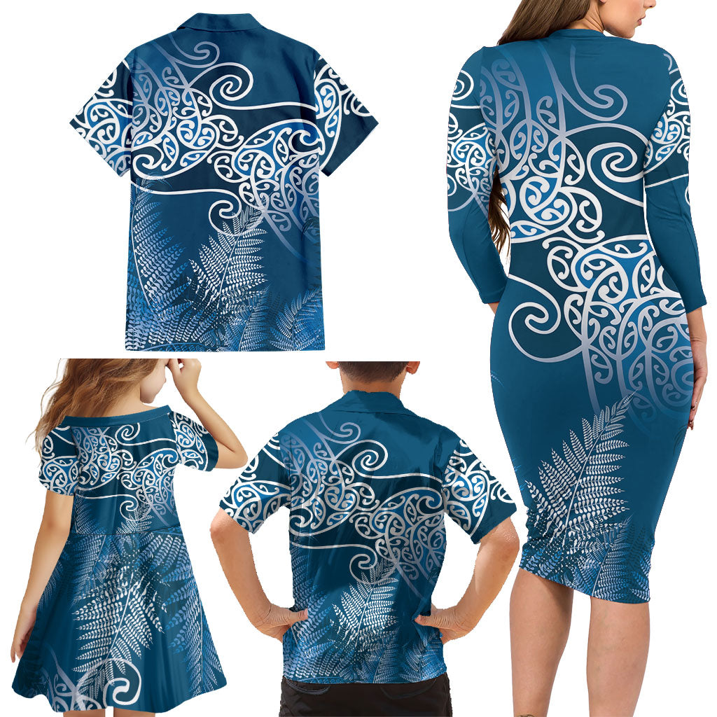 Aotearoa Maori Koru Curves Family Matching Long Sleeve Bodycon Dress and Hawaiian Shirt Silver Ferns - Navy Blue
