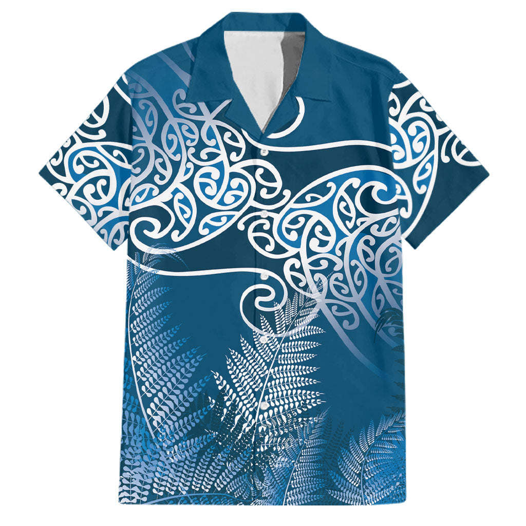 Aotearoa Maori Koru Curves Family Matching Long Sleeve Bodycon Dress and Hawaiian Shirt Silver Ferns - Navy Blue