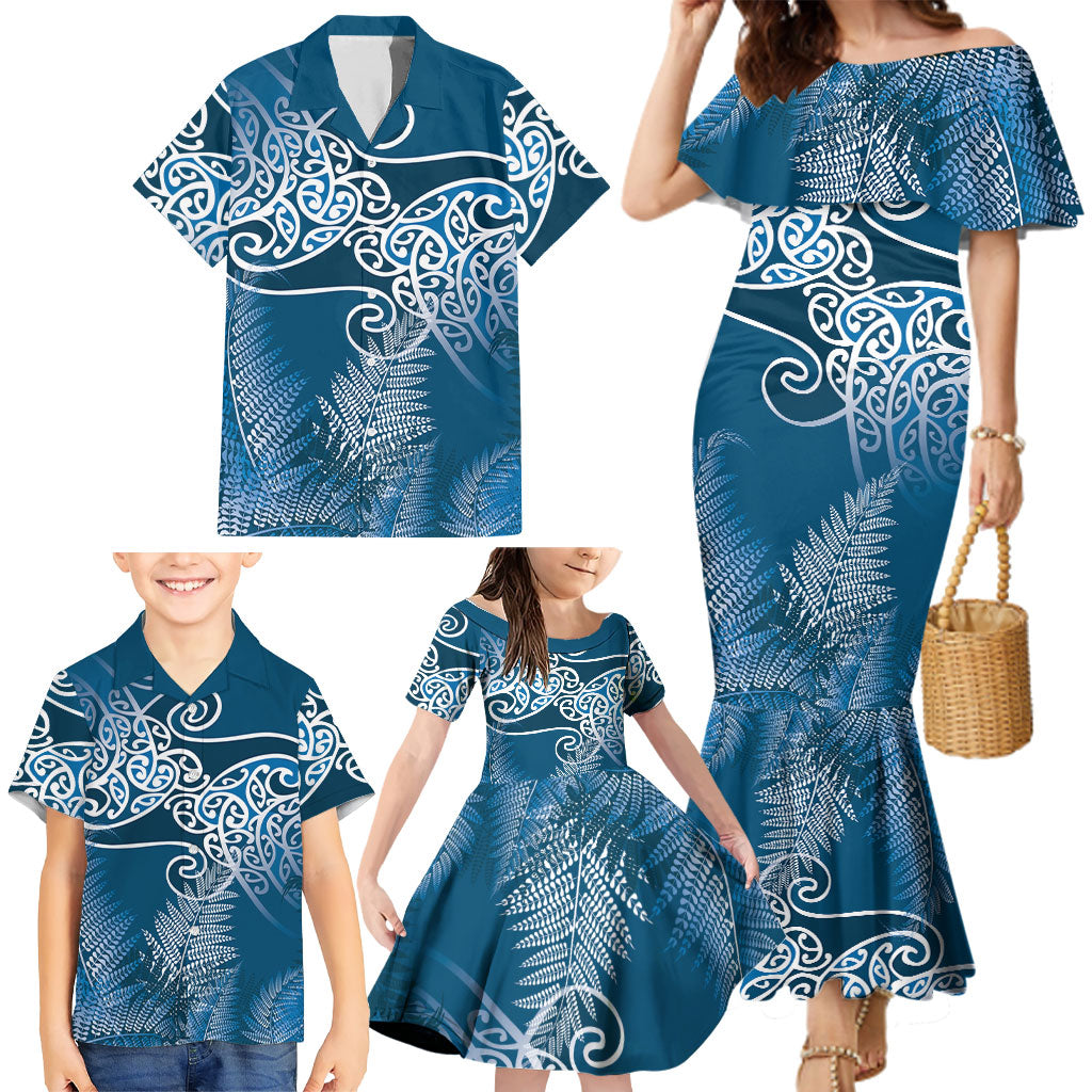 Aotearoa Maori Koru Curves Family Matching Mermaid Dress and Hawaiian Shirt Silver Ferns - Navy Blue