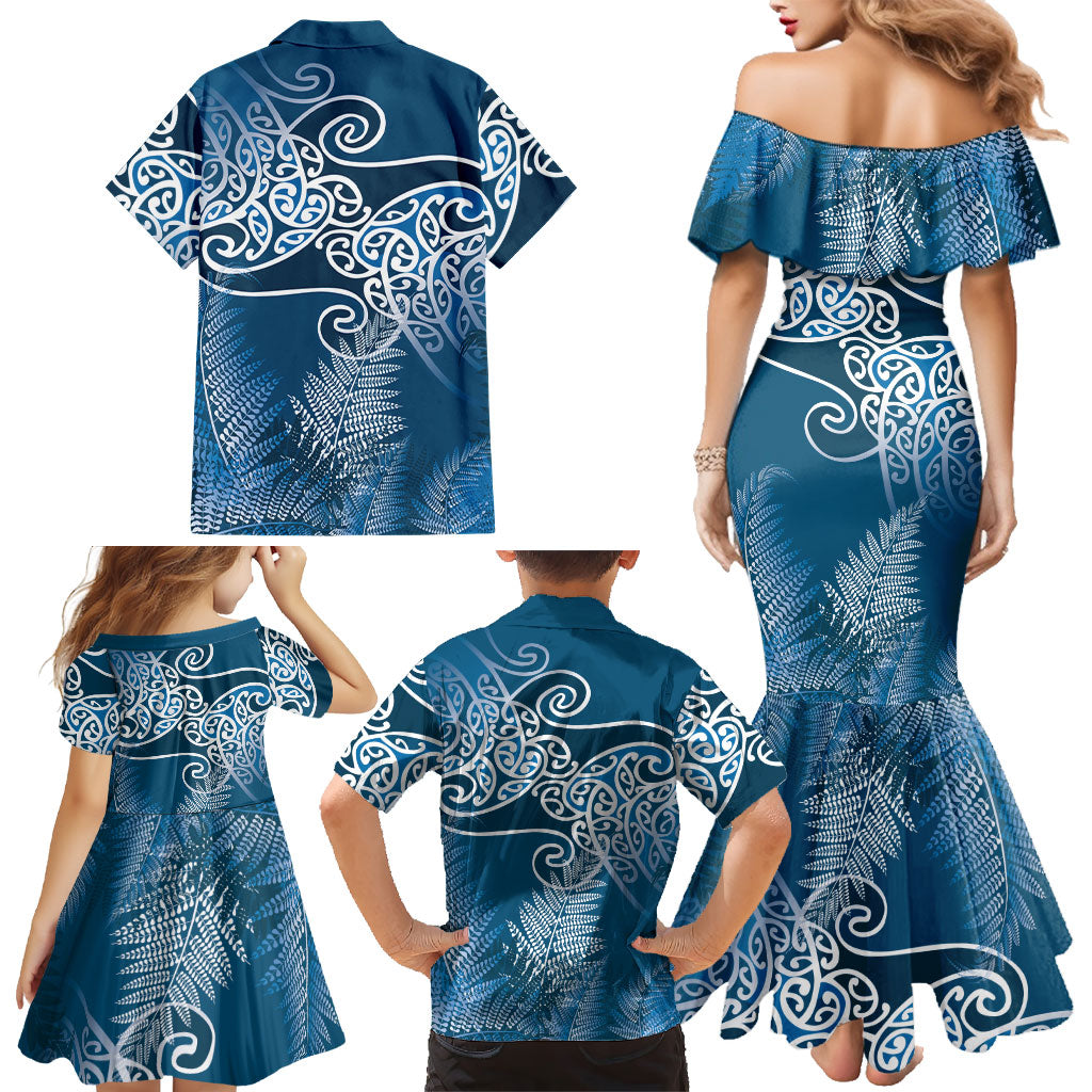 Aotearoa Maori Koru Curves Family Matching Mermaid Dress and Hawaiian Shirt Silver Ferns - Navy Blue