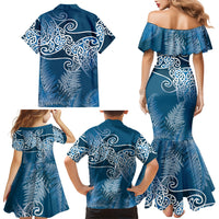 Aotearoa Maori Koru Curves Family Matching Mermaid Dress and Hawaiian Shirt Silver Ferns - Navy Blue