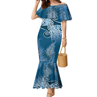 Aotearoa Maori Koru Curves Family Matching Mermaid Dress and Hawaiian Shirt Silver Ferns - Navy Blue