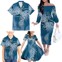Aotearoa Maori Koru Curves Family Matching Off The Shoulder Long Sleeve Dress and Hawaiian Shirt Silver Ferns - Navy Blue
