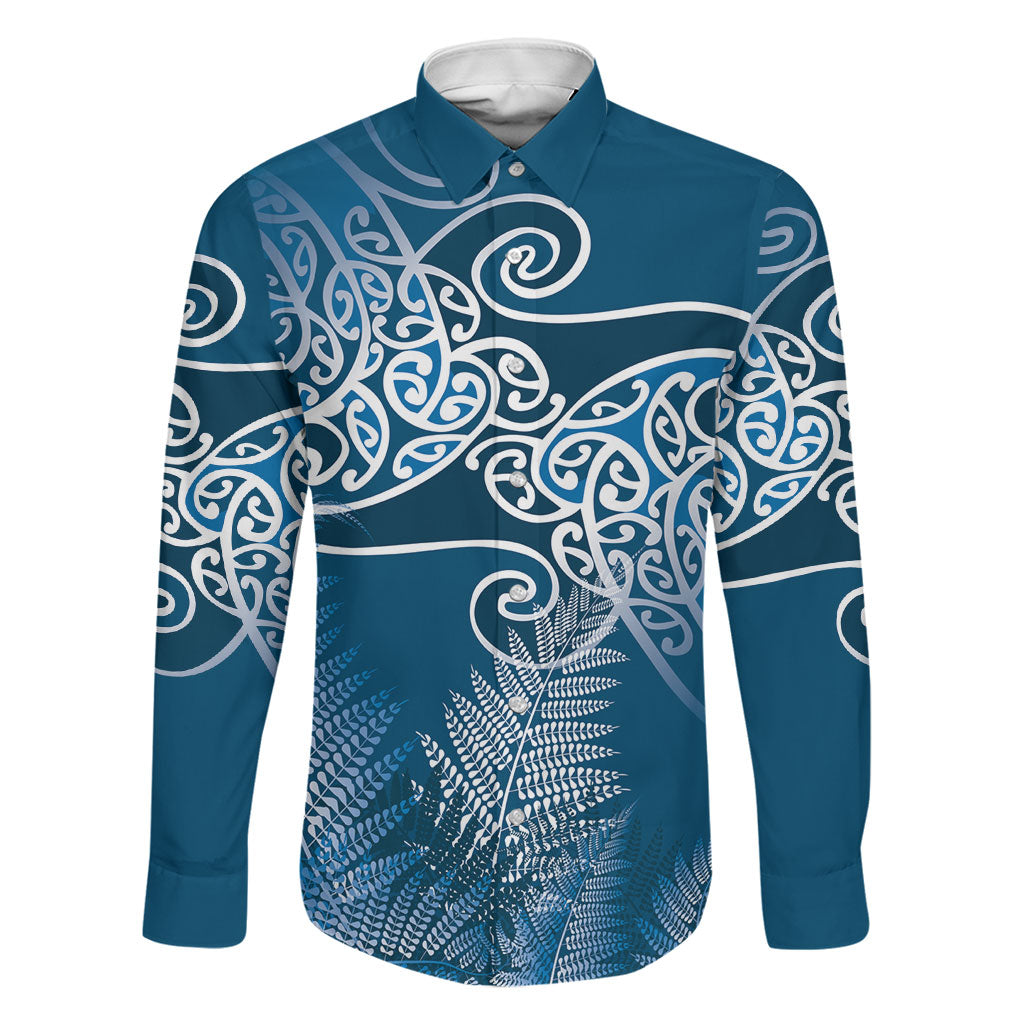 Aotearoa Maori Koru Curves Family Matching Off The Shoulder Long Sleeve Dress and Hawaiian Shirt Silver Ferns - Navy Blue