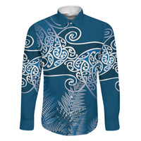 Aotearoa Maori Koru Curves Family Matching Off The Shoulder Long Sleeve Dress and Hawaiian Shirt Silver Ferns - Navy Blue