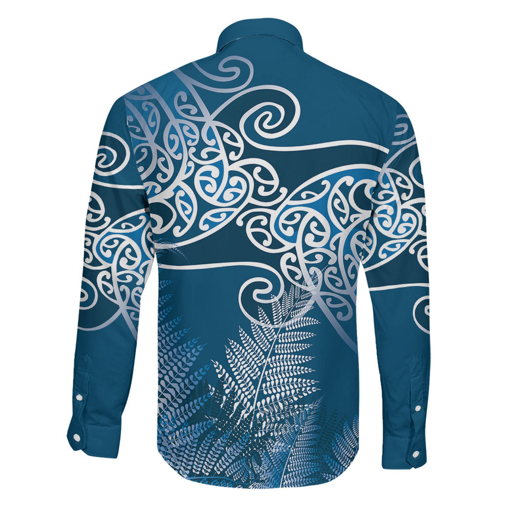 Aotearoa Maori Koru Curves Family Matching Off The Shoulder Long Sleeve Dress and Hawaiian Shirt Silver Ferns - Navy Blue