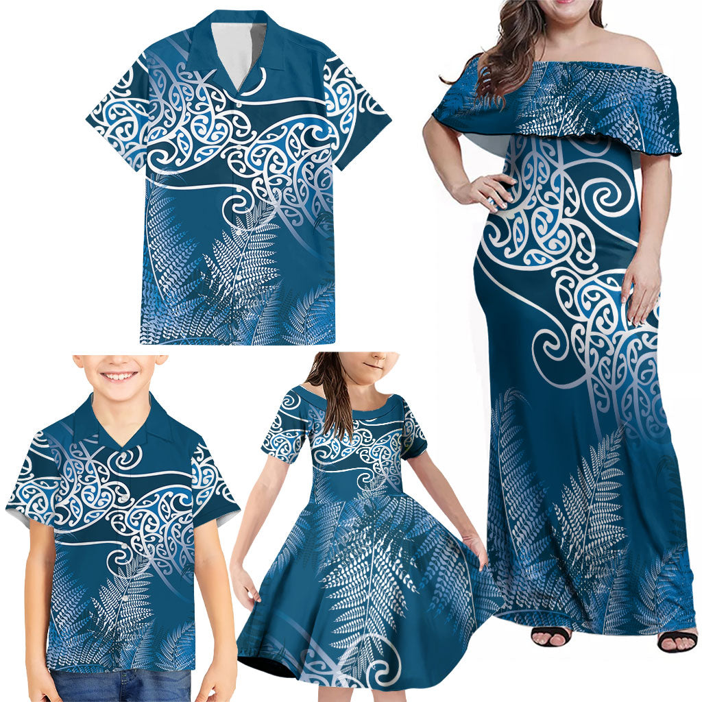 Aotearoa Maori Koru Curves Family Matching Off Shoulder Maxi Dress and Hawaiian Shirt Silver Ferns - Navy Blue