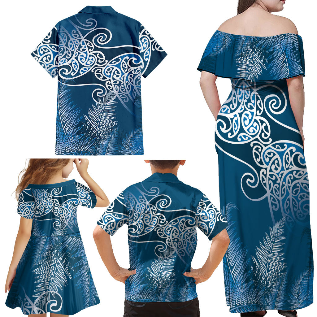 Aotearoa Maori Koru Curves Family Matching Off Shoulder Maxi Dress and Hawaiian Shirt Silver Ferns - Navy Blue