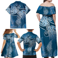 Aotearoa Maori Koru Curves Family Matching Off Shoulder Maxi Dress and Hawaiian Shirt Silver Ferns - Navy Blue