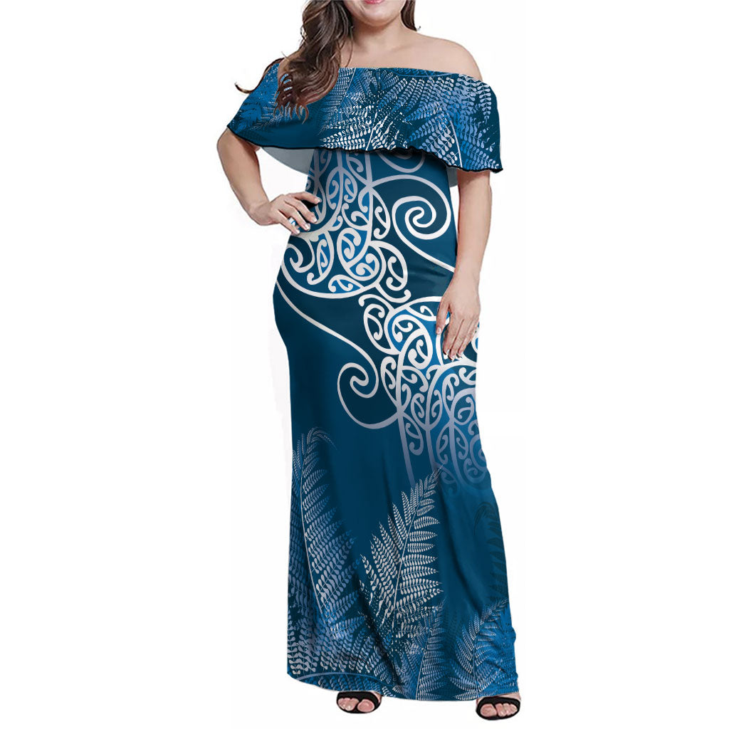 Aotearoa Maori Koru Curves Family Matching Off Shoulder Maxi Dress and Hawaiian Shirt Silver Ferns - Navy Blue