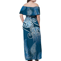 Aotearoa Maori Koru Curves Family Matching Off Shoulder Maxi Dress and Hawaiian Shirt Silver Ferns - Navy Blue