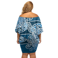 Aotearoa Maori Koru Curves Family Matching Off Shoulder Short Dress and Hawaiian Shirt Silver Ferns - Navy Blue