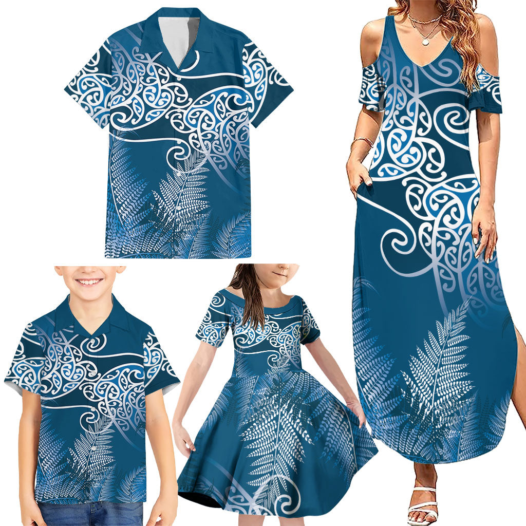 Aotearoa Maori Koru Curves Family Matching Summer Maxi Dress and Hawaiian Shirt Silver Ferns - Navy Blue
