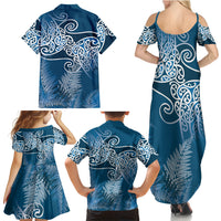 Aotearoa Maori Koru Curves Family Matching Summer Maxi Dress and Hawaiian Shirt Silver Ferns - Navy Blue