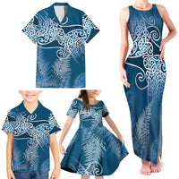 Aotearoa Maori Koru Curves Family Matching Tank Maxi Dress and Hawaiian Shirt Silver Ferns - Navy Blue