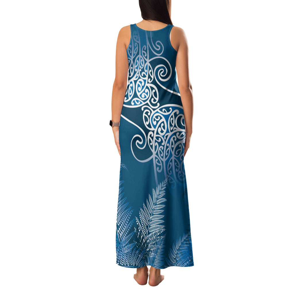 Aotearoa Maori Koru Curves Family Matching Tank Maxi Dress and Hawaiian Shirt Silver Ferns - Navy Blue