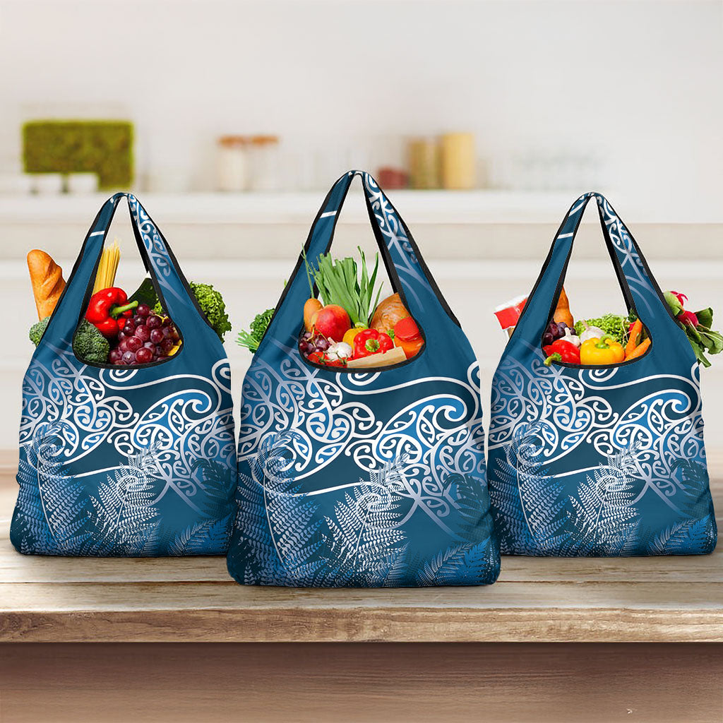Aotearoa Maori Koru Curves Grocery Bag Silver Ferns - Navy Blue