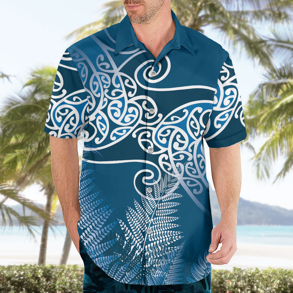 Aotearoa Maori Koru Curves Hawaiian Shirt Silver Ferns - Navy Blue LT7 - Polynesian Pride