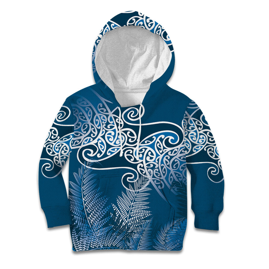 Aotearoa Maori Koru Curves Kid Hoodie Silver Ferns - Navy Blue LT7 Hoodie Navy Blue - Polynesian Pride