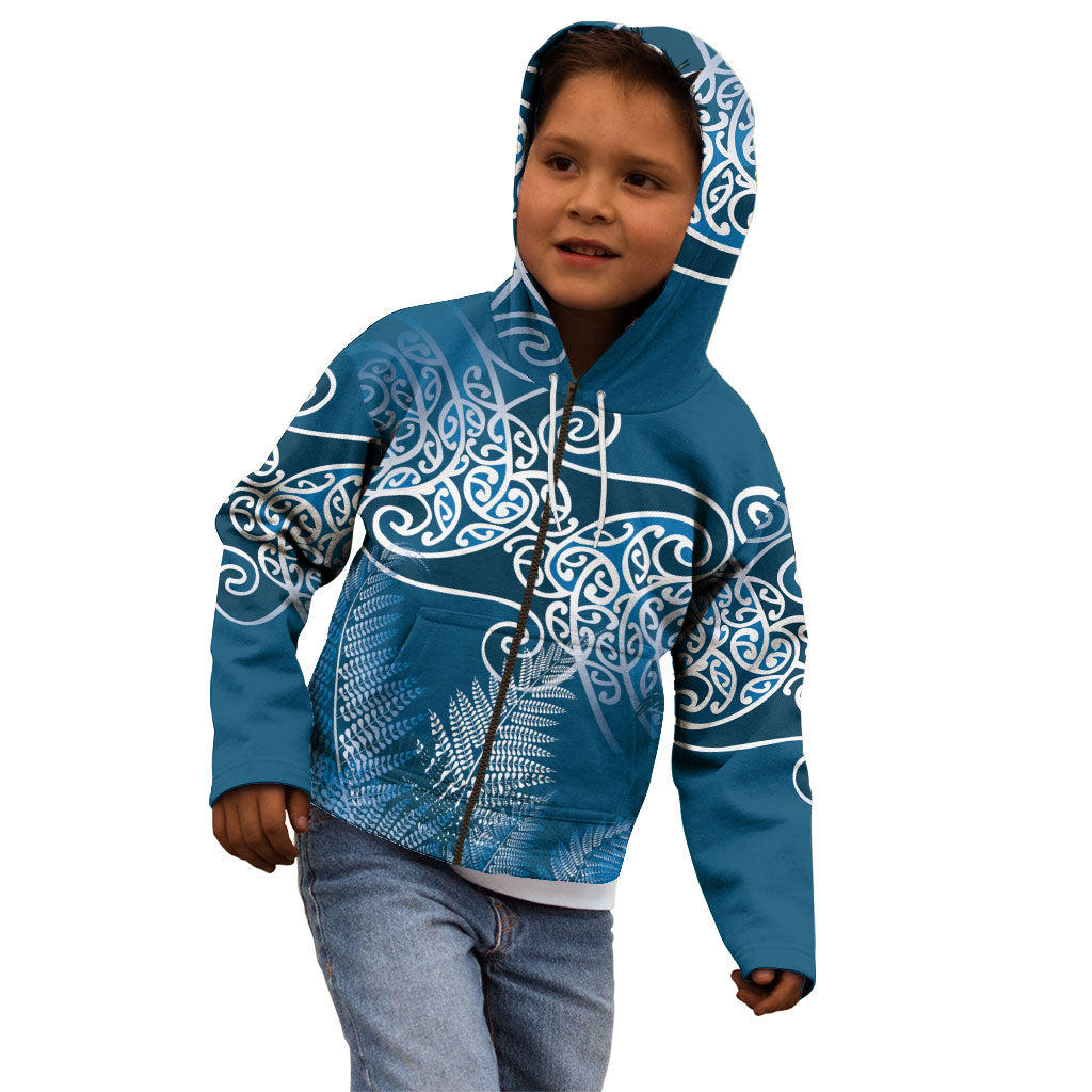 Aotearoa Maori Koru Curves Kid Hoodie Silver Ferns - Navy Blue LT7 - Polynesian Pride