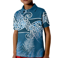 Aotearoa Maori Koru Curves Kid Polo Shirt Silver Ferns - Navy Blue