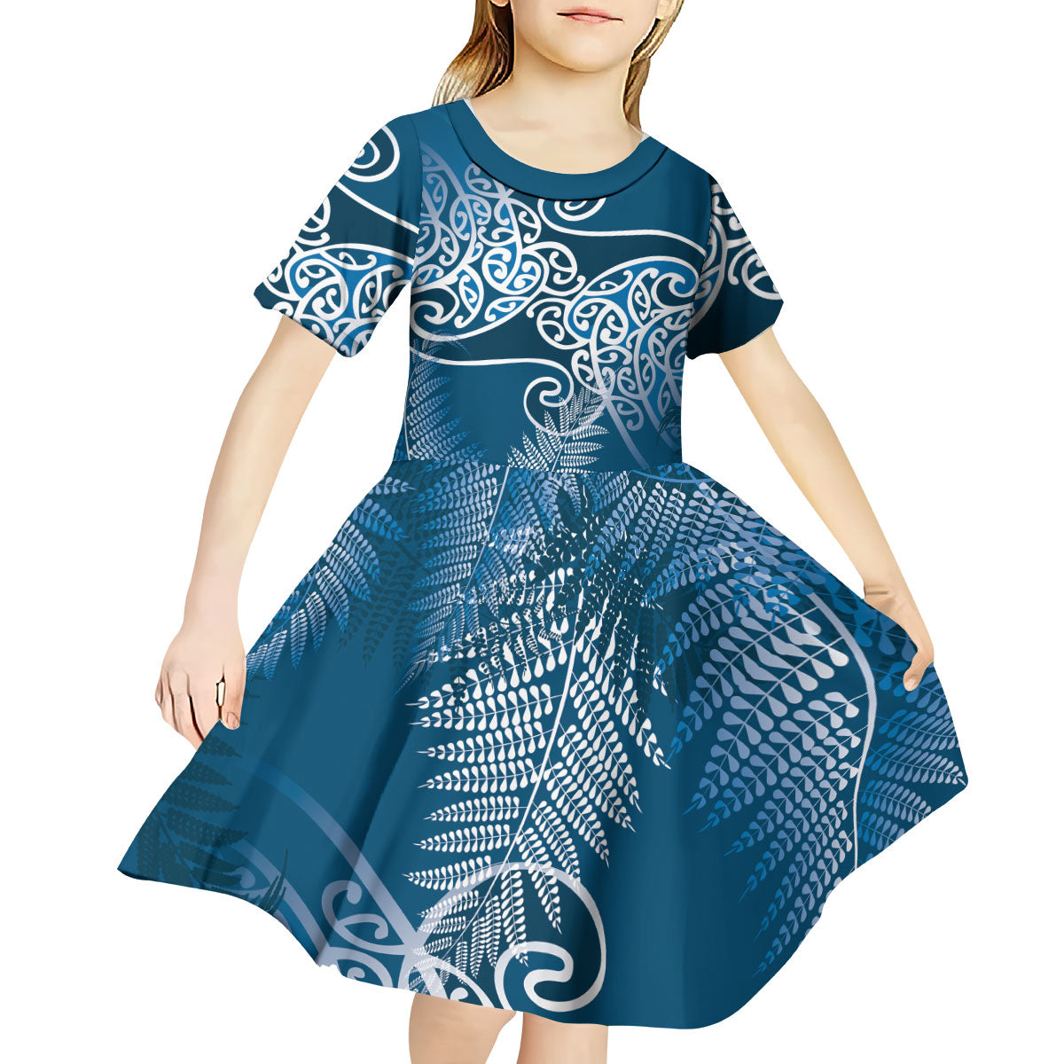 Aotearoa Maori Koru Curves Kid Short Sleeve Dress Silver Ferns - Navy Blue
