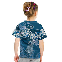 Aotearoa Maori Koru Curves Kid T Shirt Silver Ferns - Navy Blue