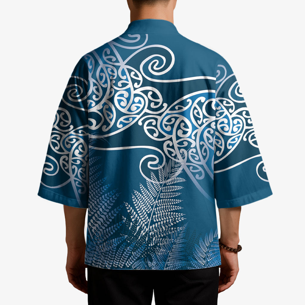 Aotearoa Maori Koru Curves Kimono Silver Ferns - Navy Blue