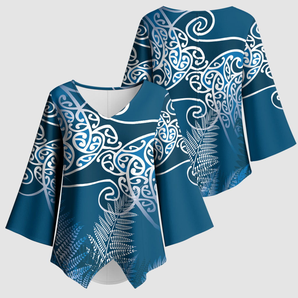Aotearoa Maori Koru Curves Kimono Sleeve Blouse Silver Ferns - Navy Blue