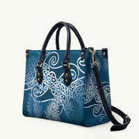 Aotearoa Maori Koru Curves Leather Bag Silver Ferns - Navy Blue