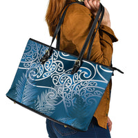 Aotearoa Maori Koru Curves Leather Tote Bag Silver Ferns - Navy Blue