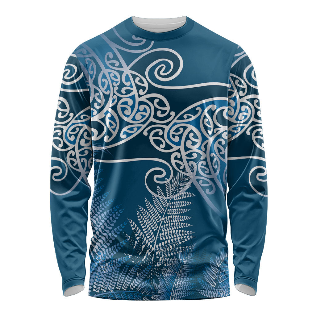 Aotearoa Maori Koru Curves Long Sleeve Shirt Silver Ferns - Navy Blue LT7 Unisex Navy Blue - Polynesian Pride