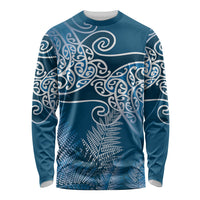 Aotearoa Maori Koru Curves Long Sleeve Shirt Silver Ferns - Navy Blue LT7 Unisex Navy Blue - Polynesian Pride