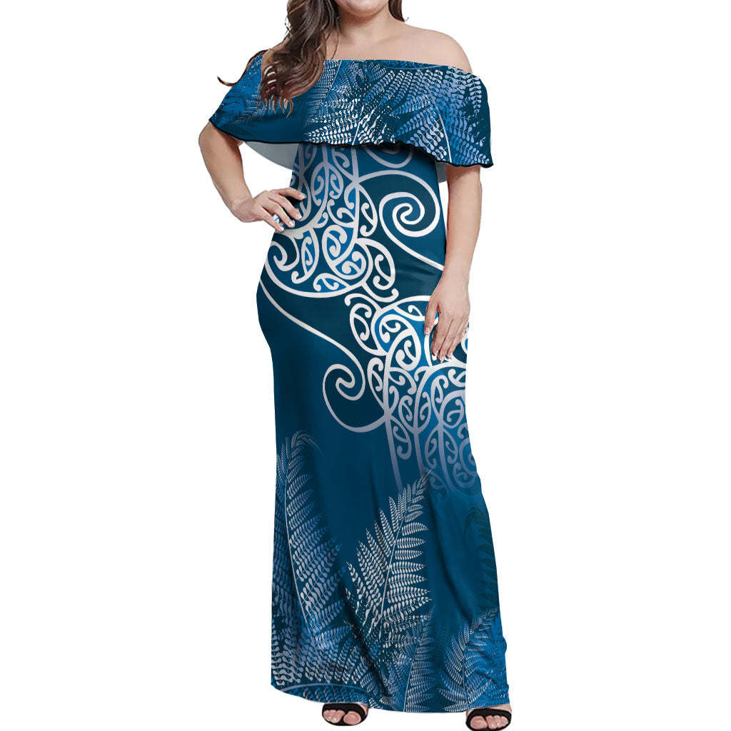 Aotearoa Maori Koru Curves Off Shoulder Maxi Dress Silver Ferns - Navy Blue