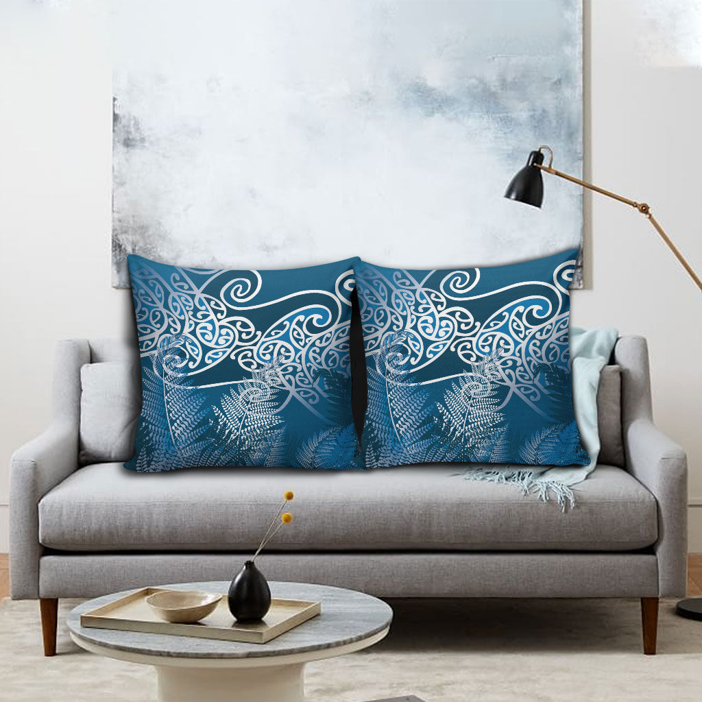 Aotearoa Maori Koru Curves Pillow Cover Silver Ferns - Navy Blue