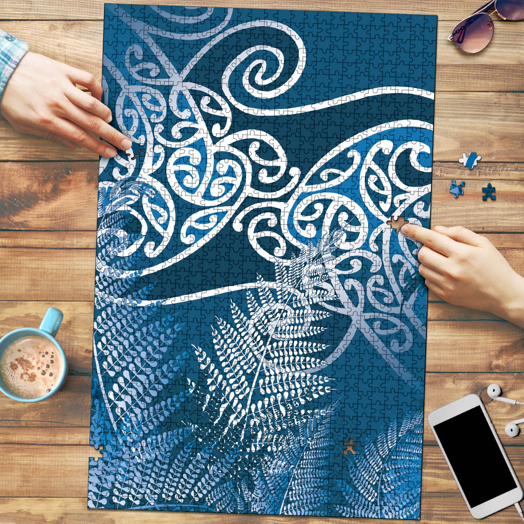 Aotearoa Maori Koru Curves Puzzle Silver Ferns - Navy Blue